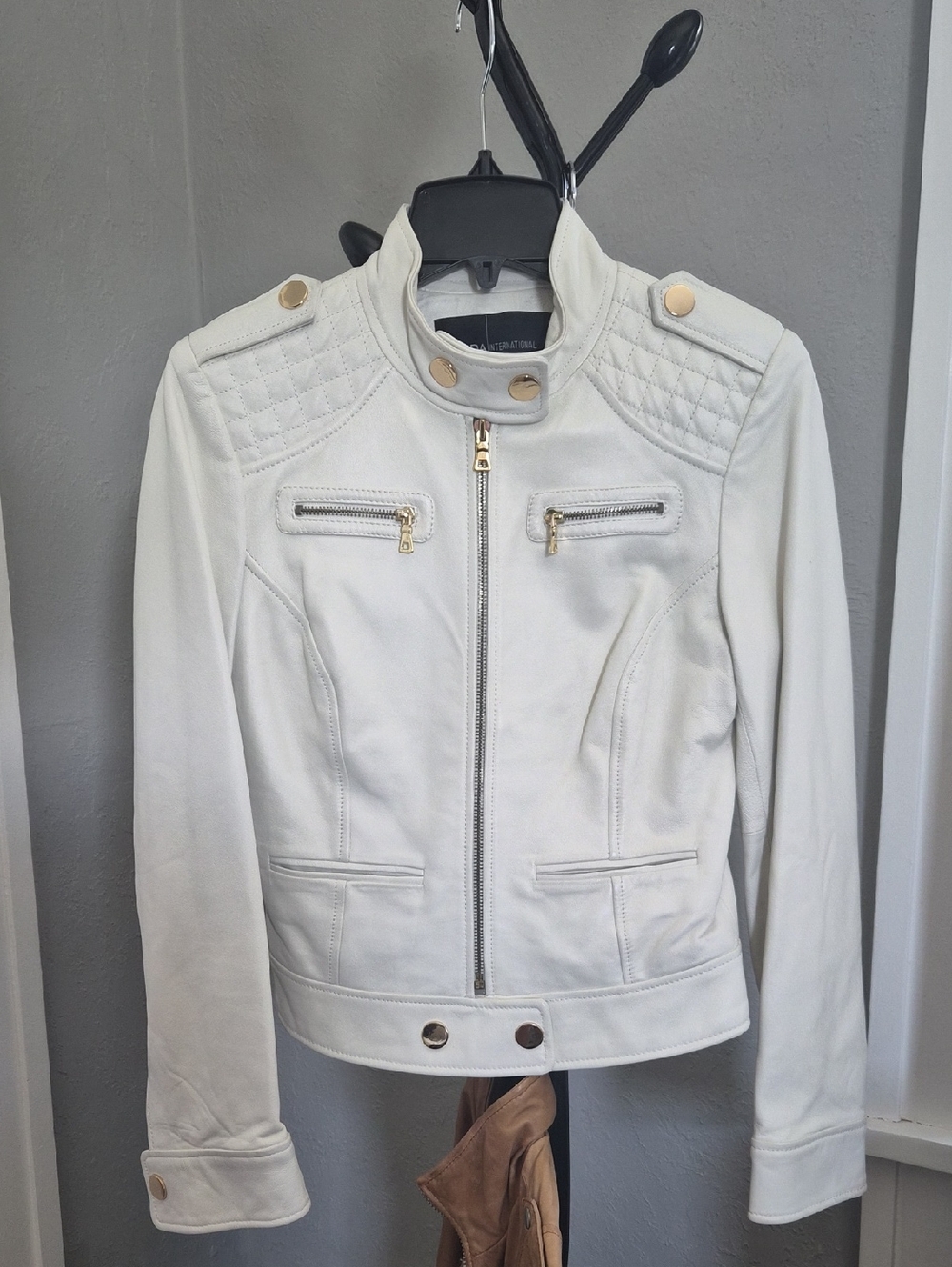 Moda International White Quilted Trim Moto-Style Jacket with Gold Hardware